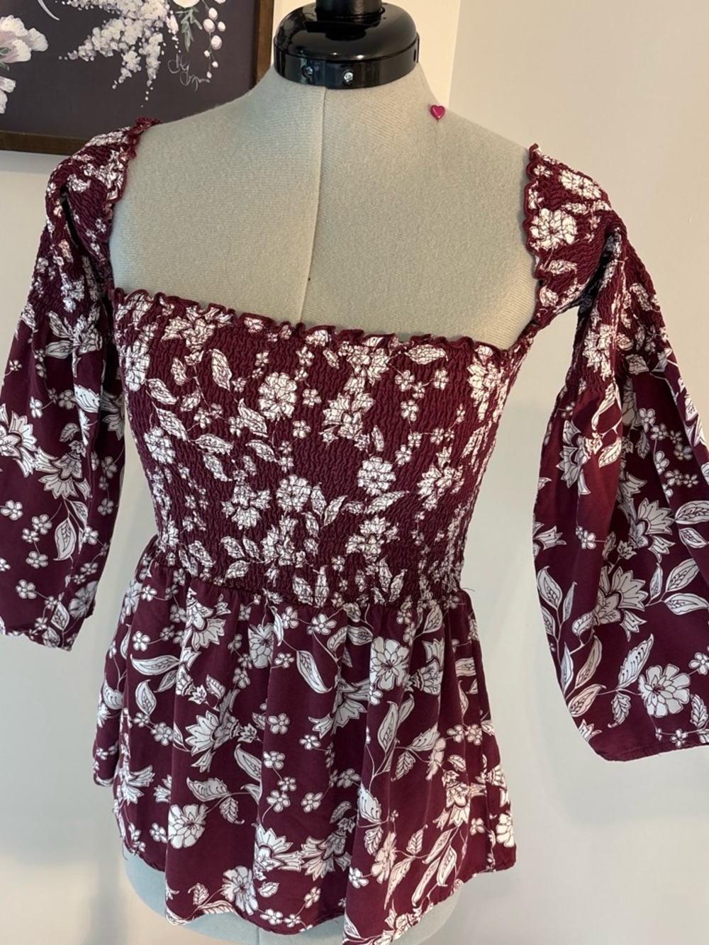 Charlotte Russe Burgundy and White Floral Smocked Peplum Blouse